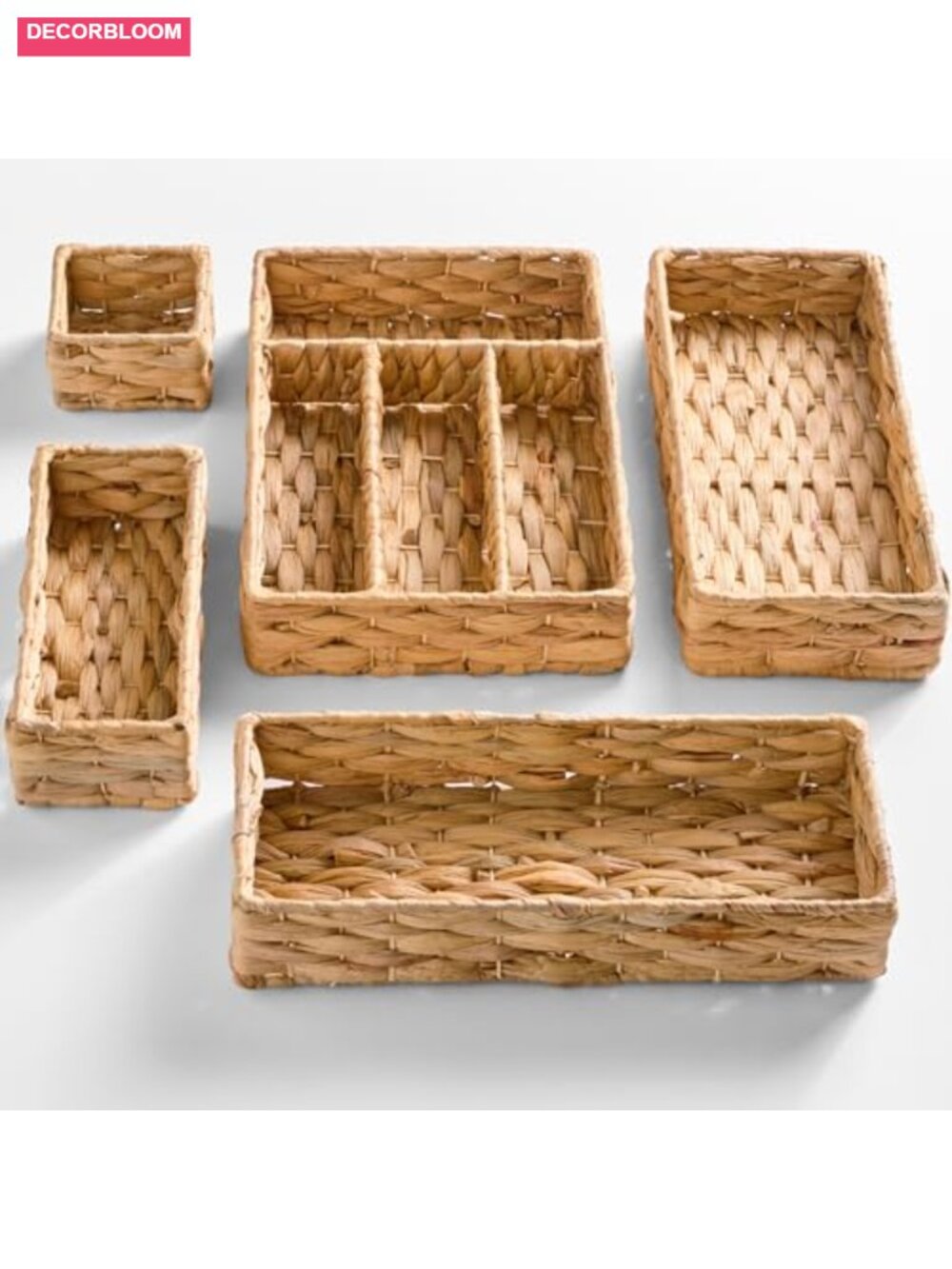 5-Piece Woven Water Hyacinth Flatware Organizer Set Modular Drawer